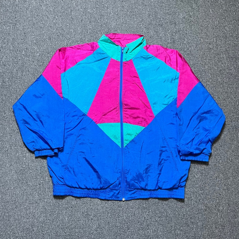 Vintage Lady Lavon Windbreaker 1X Blue Pink Colorblock Full Zip Jacket 90s Retro